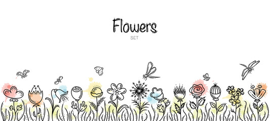 Hand Drawn Flowers Set With Bees, Ladybirds and Dragonflies