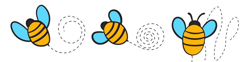 Set of cartoon bee mascot. A small bees flying on a dotted route. Wasp collection. Vector characters. Incest icon. Template design for invitation, cards. Doodle style