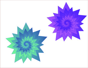 Two graphic elements in the form of stars spiraling towards the center, lilac and turquoise-blue gradient. Logo in the form of a star, crystal or spiral.