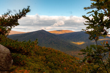 View of Mountains with Autumn Foliage Trees with a Cloudy Blue Sky