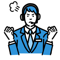 両手を上げて怒っているオペレーターの若い男性
