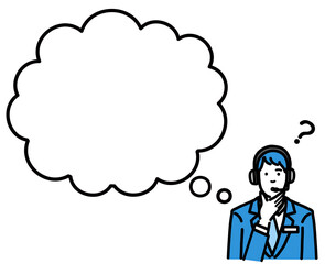 吹き出しで考えているオペレーターの若い男性
