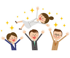 ポップな灰色のスーツの女性　同僚から胴上げ