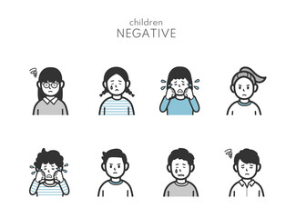 ネガティブな表情の子供の上半身アイコンのイラストセット