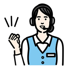 笑顔でガッツポーズをしているオペレーターの若い女性
