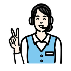 ピースサインをして笑顔のオペレーターの若い女性
