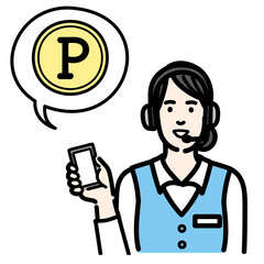 スマホを持ってポイントの説明をしているオペレーターの若い女性
