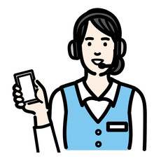 スマホを持って笑顔で説明をしているオペレーターの若い女性
