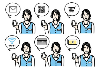 スマートフォンを持って説明をしているオペレーターの若い女性のセット
