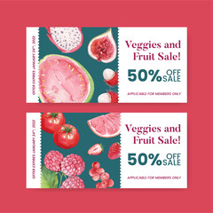 Voucher template with red fruits and vegetable concept,watercolor style