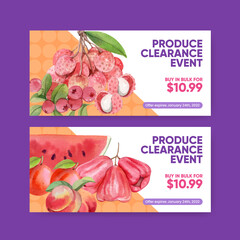 Voucher template with red fruits and vegetable concept,watercolor style