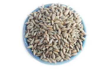 Close Up of Rye Berries or Grains in Small Bowl Isolated on White