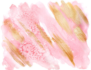 Abstract pink watercolor backround with gold paint strokes