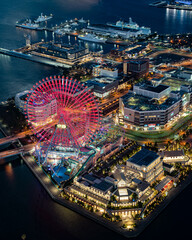 Fototapeta na wymiar Yokohama city view, Minato Mirai, sunset, Cosmo Word and Ferris wheel