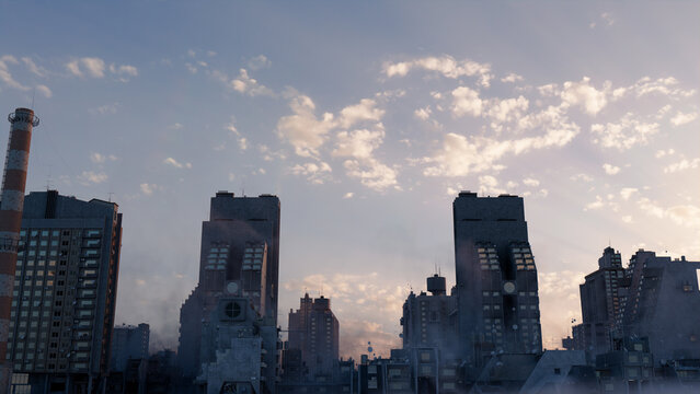 Constructivist Metropolis. Soviet Brutalist Architecture against a Sunset Evening Sky.