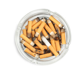 Glass ashtray full of cigarette stubs isolated on white, top view