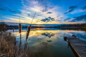sunset over lake with cattail and broken dock