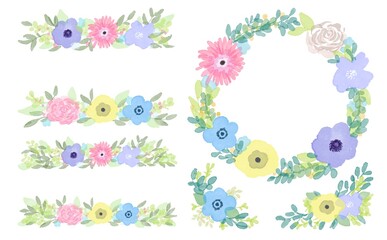 水彩画。水彩で描いた花のフレーム。草木と花の装飾フレーム。Watercolor painting. Frame of flowers painted with watercolors. Decorative frame of plants and flowers.