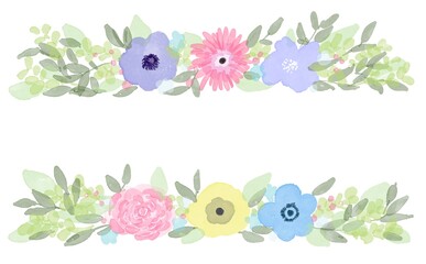 水彩画。水彩で描いた花のフレーム。草木と花の装飾フレーム。Watercolor painting. Frame of flowers painted with watercolors. Decorative frame of plants and flowers.