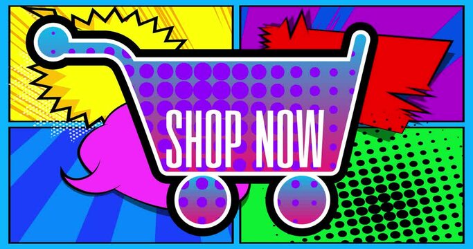 E-commerce icon, Shopping symbol. Sale Motion poster. 4k animated Comic book symbol moving on abstract comics background. Retro pop art style.