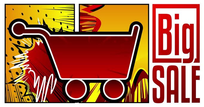 E-commerce icon, Shopping symbol. Sale Motion poster. 4k animated Comic book symbol moving on abstract comics background. Retro pop art style.