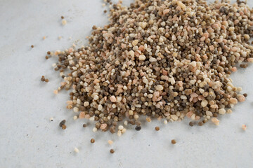 Chemical fertilizers are in wooden baskets with plants placed on a white background. Concept...