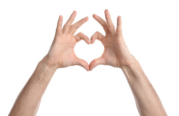 Man making heart with hands on white background, closeup
