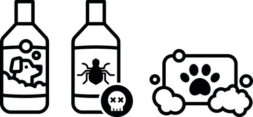 Pet grooming products, insecticide and soap icon set 