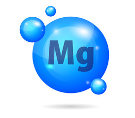 Mineral Mg Magnesium blue shining pill capcule icon . Mineral Vitamin complex with Chemical formula . Shining cyan substance drop. Meds for heath ads. Vector illustration