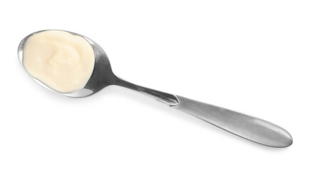 Metal spoon with mayonnaise isolated on white, top view