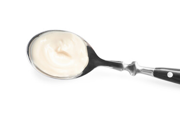 Fototapeta na wymiar Spoon with tasty mayonnaise isolated on white, top view
