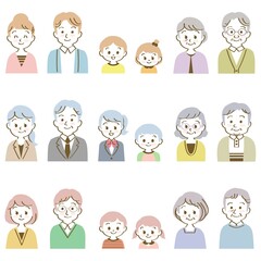 イラスト素材セット：笑顔で正面を向いた3組の3世代家族（バストアップ/手描き風主線あり）
