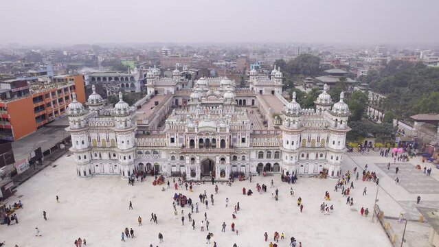 Flying over the Janaki Temple in Janakpur Nepal viewing the city in the haze.