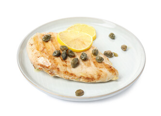 Delicious chicken fillet with capers and lemon isolated on white