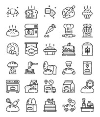 simple line bakery icons set