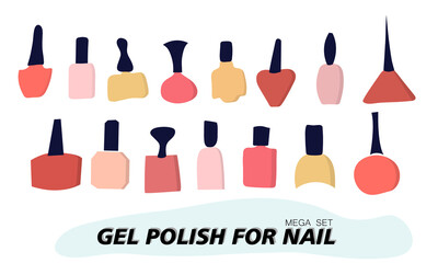 A set of jars with gel nail polish. Objects and materials for a beauty and fashion salon. Vector illustration.
