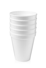 Stack of styrofoam cups on white background