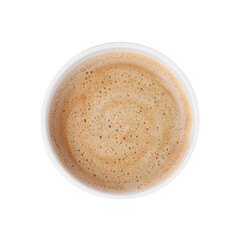 Styrofoam cup with coffee isolated on white, top view