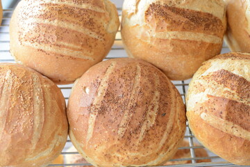 Freshly baked round bread.