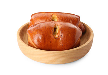 Wooden bowl with delicious baked patties on white background