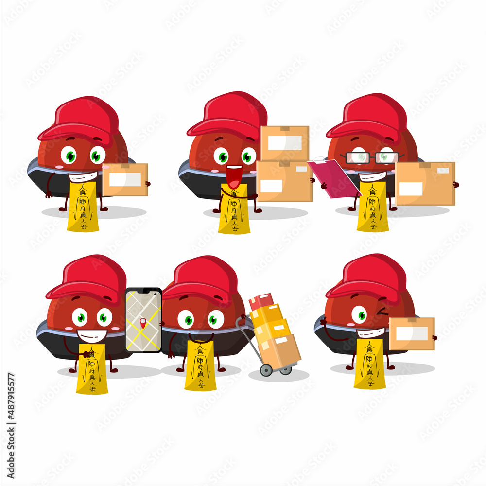 Poster Cartoon character design of red vampire hat working as a courier