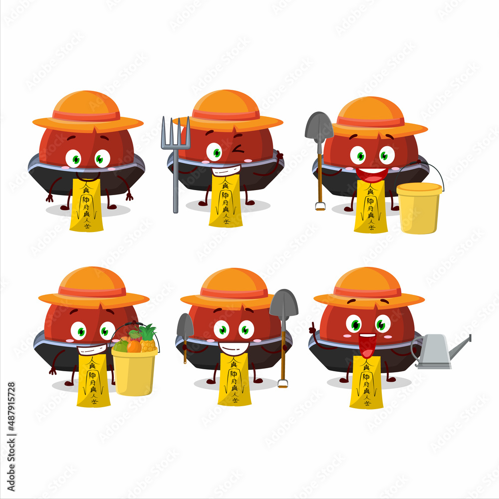 Poster Farmer red vampire hat cute mascot character with fork