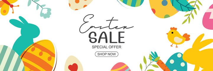 Easter sale banner design template with colorful eggs and flowers. Use for cover, advertising, flyers, posters, brochure, voucher discount.