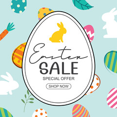 Easter sale banner design template with colorful eggs and flowers. Use for social media, advertising, flyers, posters, brochure, voucher discount.