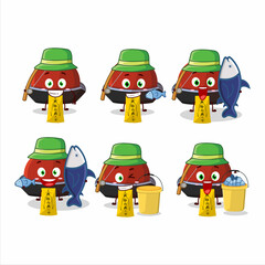 A fisherman red vampire hat cartoon picture catch a big fish