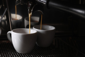 Making fresh aromatic espressos using professional coffee machine in cafe, closeup. Space for text