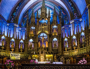Fototapeta na wymiar Architectural detail of Notre-Dame Basilica, a basilica in the historic district of Old Montreal. Its dramatic interior is considered a masterpiece of Gothic Revival architecture