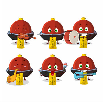 Cartoon character of red vampire hat playing some musical instruments