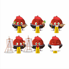 Artistic Artist of red vampire hat cartoon character painting with a brush