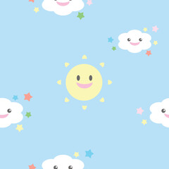 Cute sun and clouds seamless pattern on blue color background, smiling sun and clouds pattern 